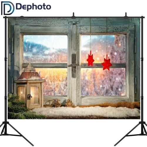 Dephoto Photography Background Christmas Wood Window Snow Winter gifts light red star Photo Backdrop studio