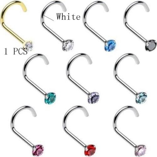 1Pcs Bent Stainless Steel Colorful Crystal Nose Stud Rings Body Piercing Women Jewelry Accessories