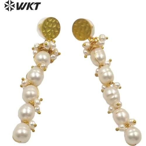 MPE020 Wholesale long dangle white natural pearl earrings handmake wire pearl beads earrings women fashion earrings for friends