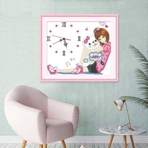 Cross stitch kit вышивка 11CT Cute girl and cat cross stitch wall clock send clock core living room decoration