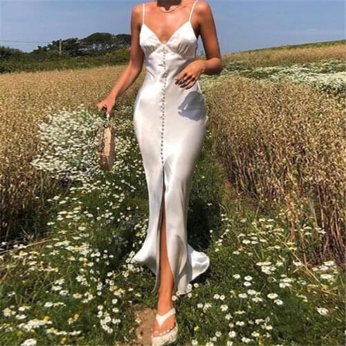 Women Sexy Sleeveless Sling Dress Summer Holiday Casual Tight Solid Dresses White Elegant V-neck High Waist Split Long Dresses