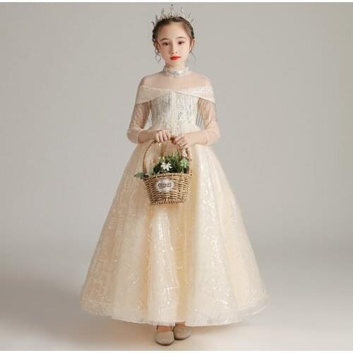 Flower Girls Dresses Princess Lace Bow Sequined Elegant Ball Gown Tiered Floor-Length Tulle Luxury Tassel Kids Party Dress D244