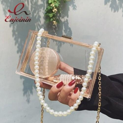 Transparent Acrylic Box Party Clutch Pearl Strap Purses and Handbags for Women Casual Designer Bag Chain Shoulder Bag Wedding