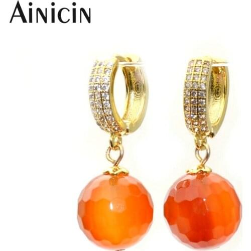 Natural Red Agate 12mm Faceted Round Beads Dangle Earrings Gold Hook Rhinestone Crystal Setting Fashion Women Jewelry 10pairs