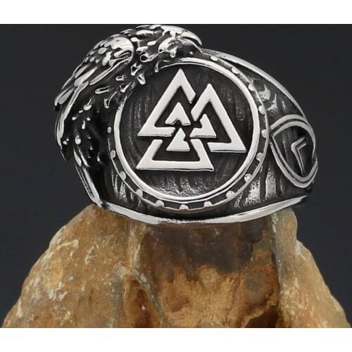Nordic viking odin symbol valknut Raven amulet Stainless steel Ring With Valknut Gift Bag