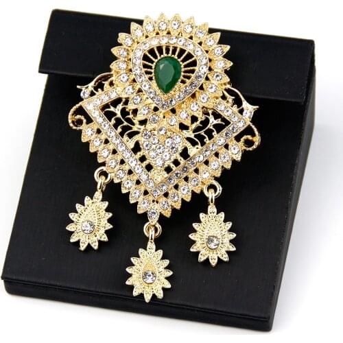 Sunspicems Elegent Gold Color Crystal Brooch&Necklace Pendant For Women Arab Wedding Jewelry Morocco Caftan Collar Pin Bijoux