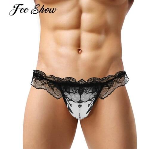 Sexy Lingerie Panties Mens Thongs and G strings Low Rise Ruffle Lace Sissy Panties Exotic Bulge Pouch Briefs G-string Underwear