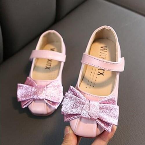 Girls Shoes Gold Dance PU Leather Princess Shoes Bow Shallow Girls Flats Soft Anti-Slippery Kids Shoes single shoes fashion