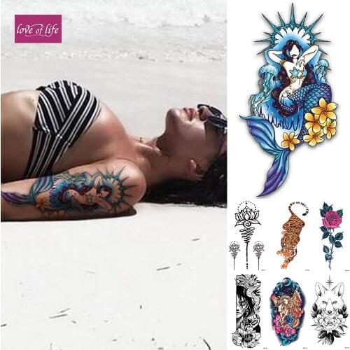 Old School Mermaid Temporary Tattoo Sticker Flash Rose Waterproof Tattoos Body Art Arm Fake Tatoo Women Men