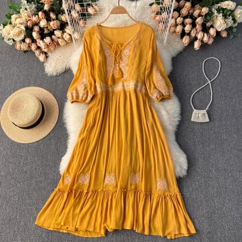 WTIANYUW 2021 New Bohemian Summer Embroidery Holiday Elastic Waist Vintage Long Section Pure Color Comfort Vestidos