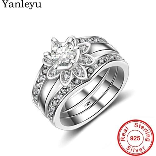 Yanleyu 3pcs/lot Elegant Flower Wedding Jewelry Accessories 100% 925 Sterling Silver 1ct AAA Zircon Engagement Rings Women PR221