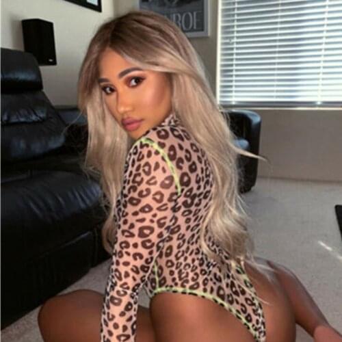 Women Ladies Sexy Long Sleeve Turtleneck Leopard Print Skinny Bodycon Slim Fit Club Fashion Bodysuits Leotard Romper Overalls