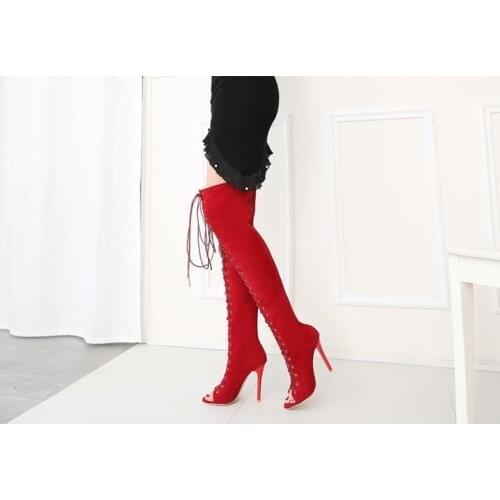 2020 New Cross-Tied Zipper Woman Black Red Boots Gladiator Open Toe Woman Summer Over The Knee High Heels Female Party Boots