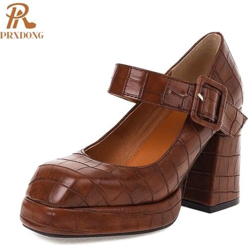 High Qulaity Women Pumps New Brand Spring Autumn Square High Heel Platform Black Brown Retro Mary Janes Dress Party Shoes Pumps