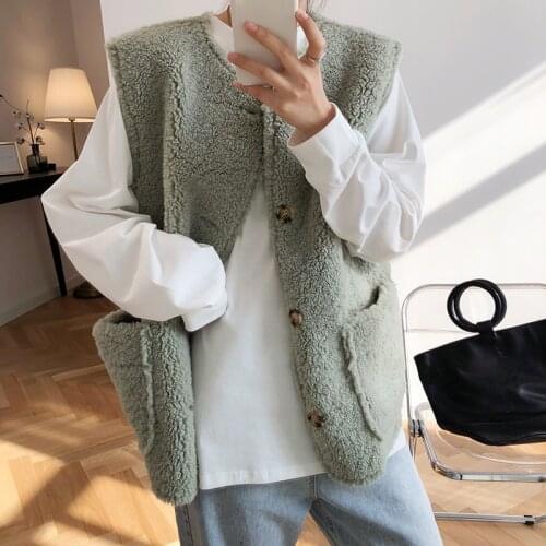 Korean Style Cashmere Fur Vests Women Solid Round Neck Single Breasted Short Waistcoat Casual Female Sleeveless Coats Jackets