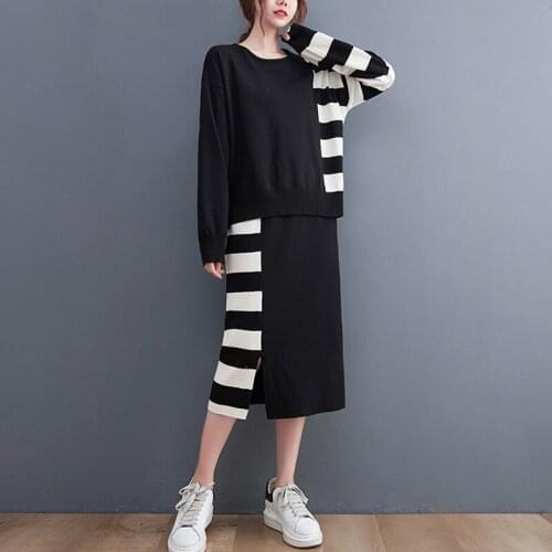 2 Piece Sets Women Casual Knitted Skirt Suits New Arrival 2021 Autumn Simple Style Loose Female Sweater And Long Skirts B1074