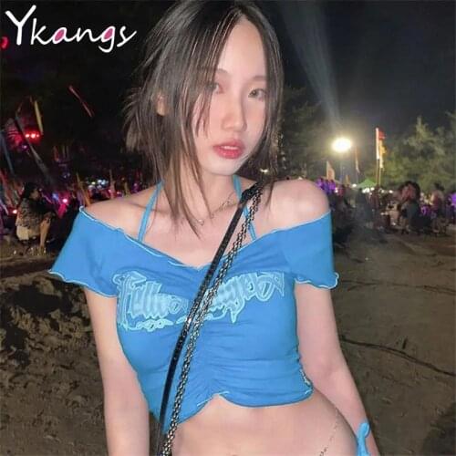 Sexy V-neck Summer 2021 Slim Crop Tops Women Print Letter Streetwear Fashion T-shirt Y2k Ladies Casual Short Sleeve Clothing Top