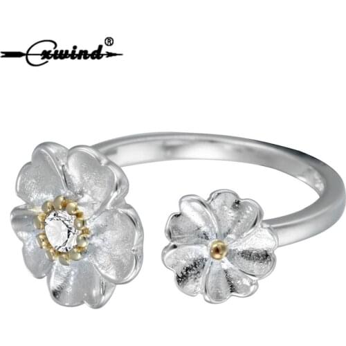 Cxwind Crystal Cherry Blossom Rings for Women Female Anniversary Ring Size Adjustable Double Flower Cubic Zirconia Jewelry