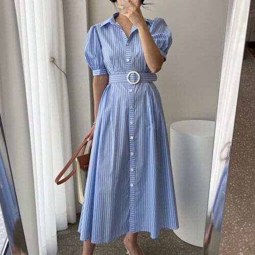 Blue summer woman dress V neck High Waist Korean holiday dresses women puff Sleeves A-Line vestidos 2021