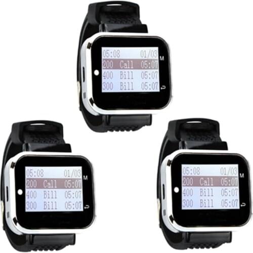 Wireless Calling System 3 Wrist Watches Receiver Black Frequency 433.92 MHZ for Restaurant, Cafe Service ,Catering Equipment