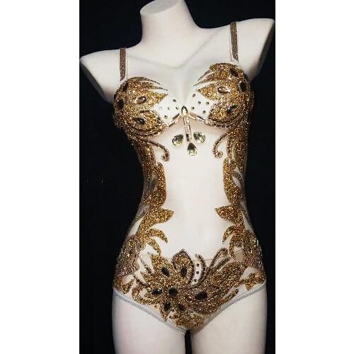 Shining Inlaid Gold Diamond Sleeveless Bodysuit Tight Stretch Floral Crown Print Jumpsuit Nightclub Costumes Dance Stage Wear