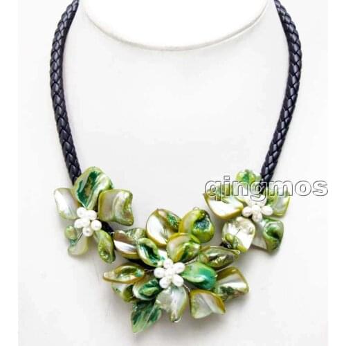 Big 1 piece 70mm and 2 piece 50mm Green Baroque Shell Flower and Natural Pearl pendant Black 6mm Rope 18'' Necklace-nec6333