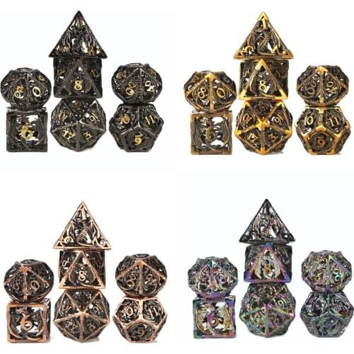 CHENGSHUO 7 PCS Hollow Dragon Metal Dice,DND Boad Game Dice RPG MTG Table Games D&D Pathfinder Shadowrun and Math Teaching