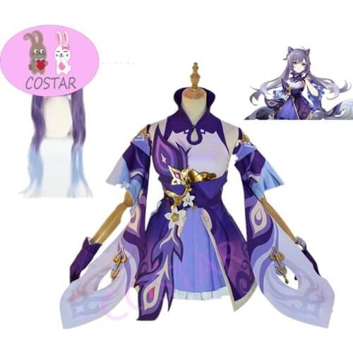 COSTAR New Game Genshin Impact Keqing Cosplay Costume Wigs Shoes KEQING Dress Anime Uniforms Women Halloween Clothes women dress