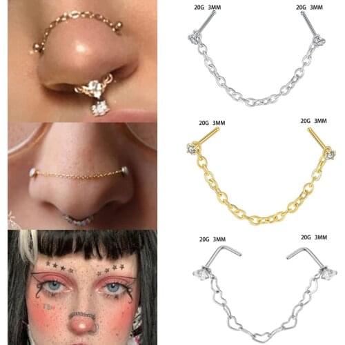 Double Nose Piercing Ring Nose Chain Nostril Zircon Stainless Steel Nose Stud Decoration Earring Piercing Nariz Septum Pircing