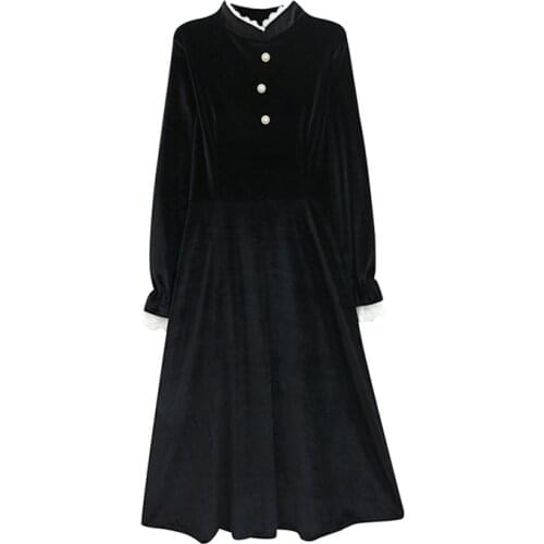 PERHAPS U Black Lace Collar Solid Button Puff Sleeve Long Sleeve Mid Calf Midi Dress Elegant Winter Autum Vintage Velvet D1460
