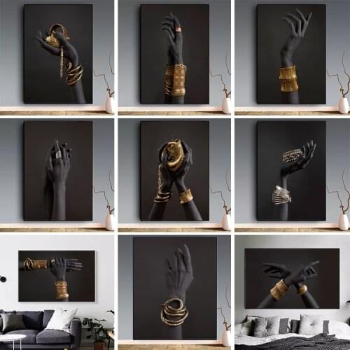 Art Nordic Black and Gold Hand Band Gold Bracelet Canvas Painting Posters and Prints Living Room Home Decor