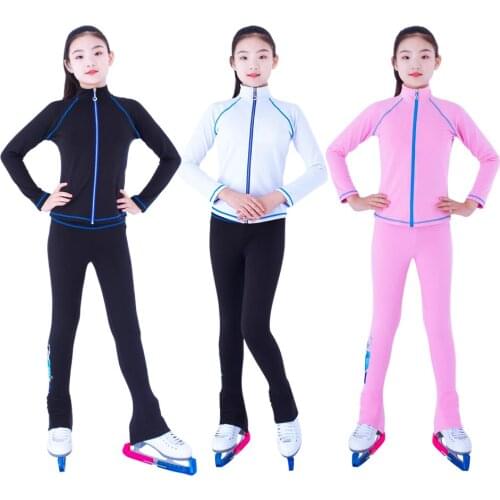 Customized Figure Skating Suits Jacket and Pants Long Trousers for Girl Women Training Ice Skating Warm black pink Mesh sleeve