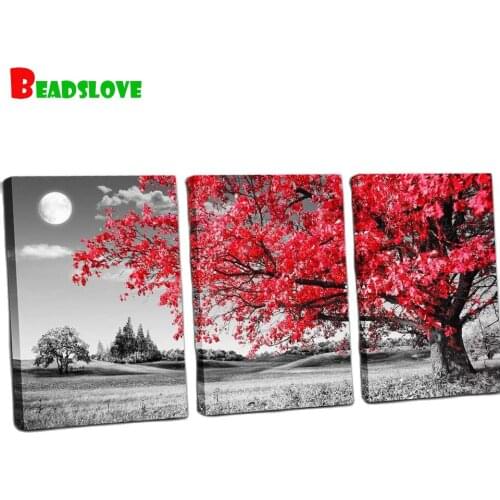 3 Pieces Red Moon Tree Scenery Diamond Painting Cross Stitch Kit Diamond Embroidery Triptych Mosaic Handmade Black And Whie B66