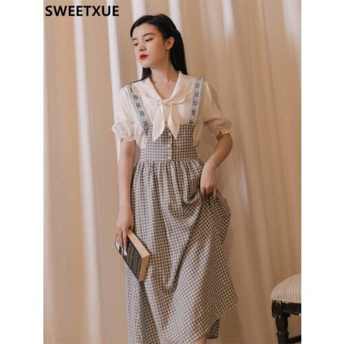 SWEETXUE Two-piece Sets Retro Sweet Cute Bow Top With Plaid Suspender Skirt Womens Preppy Style Fashion Casual Suit Female
