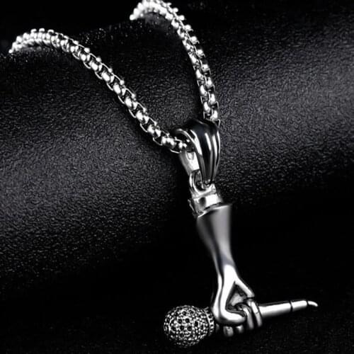 Creative Microphone Shape Necklace Silvery Stainless Steel Pendant Hiphop/Rock Singer Musician Unisex Jewelry Gifts