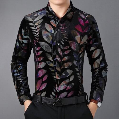 Mens Luxury Gold Velvet Shirts Autumn Bright Colors Velour Clothing Long Sleeve Male Floral Velvet Dresses Free Shipping