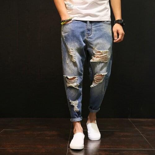 Men Baggy Ripped Hole Denim Pants Distressed Harem Jeans Hip Hop Nine-point Pants Joggers Loose Jeans Male Large Size