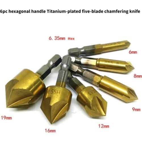 6 Pcs Countersink Drill Bit Set 1/4'' Hex Shank HSS 5 Flute Countersink 90 Degree Wood Chamfering Cutter Chamfer 6mm-19mm tools