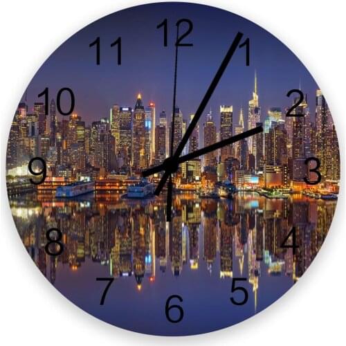 Manhattan City Night View Building Reflection Wall Clock Wooden Modern Design Digital Clocks Home Living Room Wall Decoration