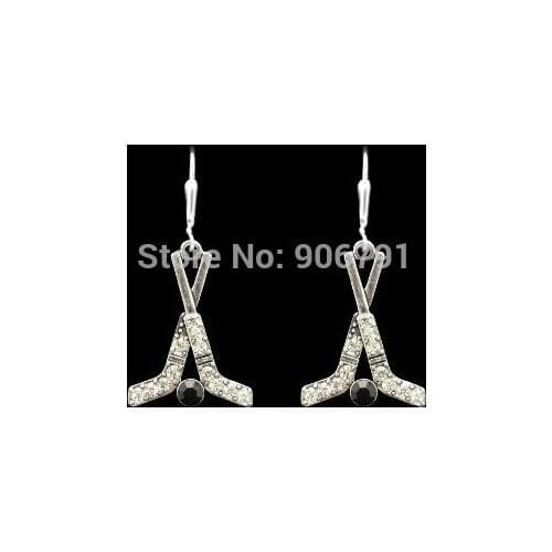 Newest Styles zinc alloy rhodium plated crystal Hockey Sticks & Puck Earrings(E100043), 30pair a lot