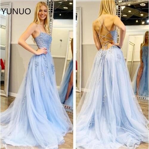 YUNUO Stunning Sky Blue Prom Dresses Tulle A-line vestidos de gala Formal Wear Appliques Lace Up Corset Evening Party Gowns