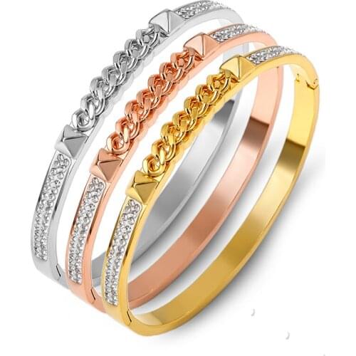 Luxury Brand Full Crystal Chain Bangles & Bracelets Women Bijou Jewely Stainless Steel Cuff Bangle Gold Silver Accessory Gift