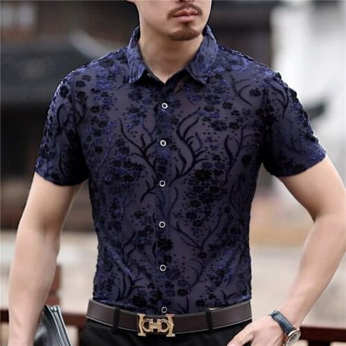 Shirt Floral Transparent Print Shirt Men Mens Velvet Transparent Shirt News Short Sleeve Velvet Shirt Men Chemise Homme