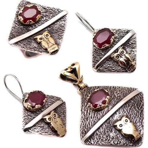 Root Ruby Stone Head Hammer Design Hammer Forged Silver Set 1102Hand Made Silver Jewellery Set