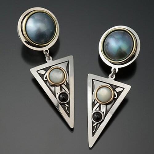New Korean Fashion Creative Triangle Geometry Pendants Earrings Metal Inlaid Pearl Shell Moonstone Ear Studs Retro Jewelry Gifts