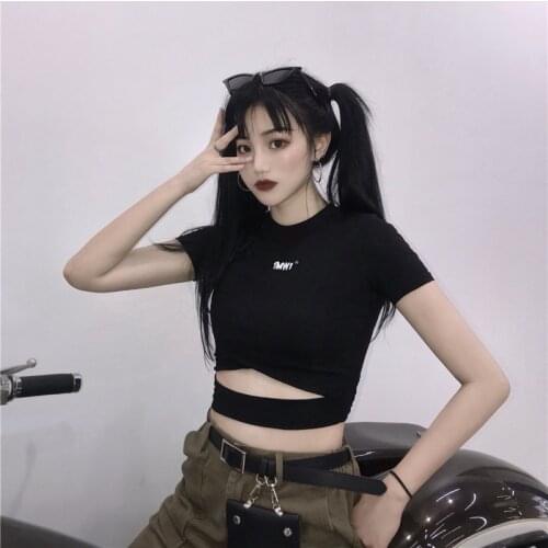 Ultra-short sexy hollow night club tees hip hop dark Harajuku tops casual slim Japan New summer short-sleeved letter T-shirt