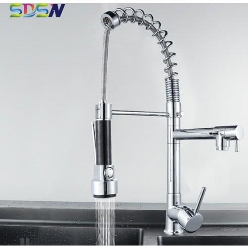 Spring Kitchen Sink Water Faucet Chrome Brass Kitchen Tap Multifunctional Kitchen Faucet Pull Out Hot and Cold Kitchen Sink-tap