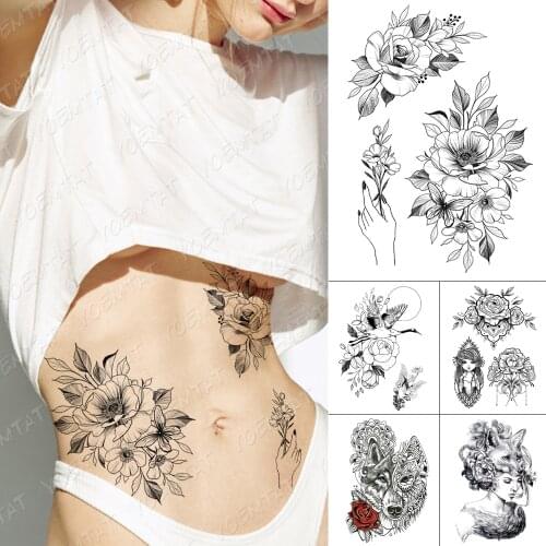 Waterproof Temporary Tattoo Sticker Doll Line Lace Tattoos Henna Mandala Wolf Fox Rose Body Art Arm Fake Tatoo Women Men