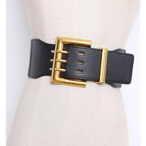 High Quality Vintage Big Alloy Buackle Wide Waistbands Luxury Designe Elastic Party Belts for Woman dress coat black waist seal