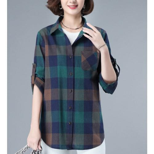 100% Cotton Plaid Shirt Women Long sleeve Button Up Blouses and Shirts Plus size Autumn Spring Ladies Top Tunic Clothes Casual